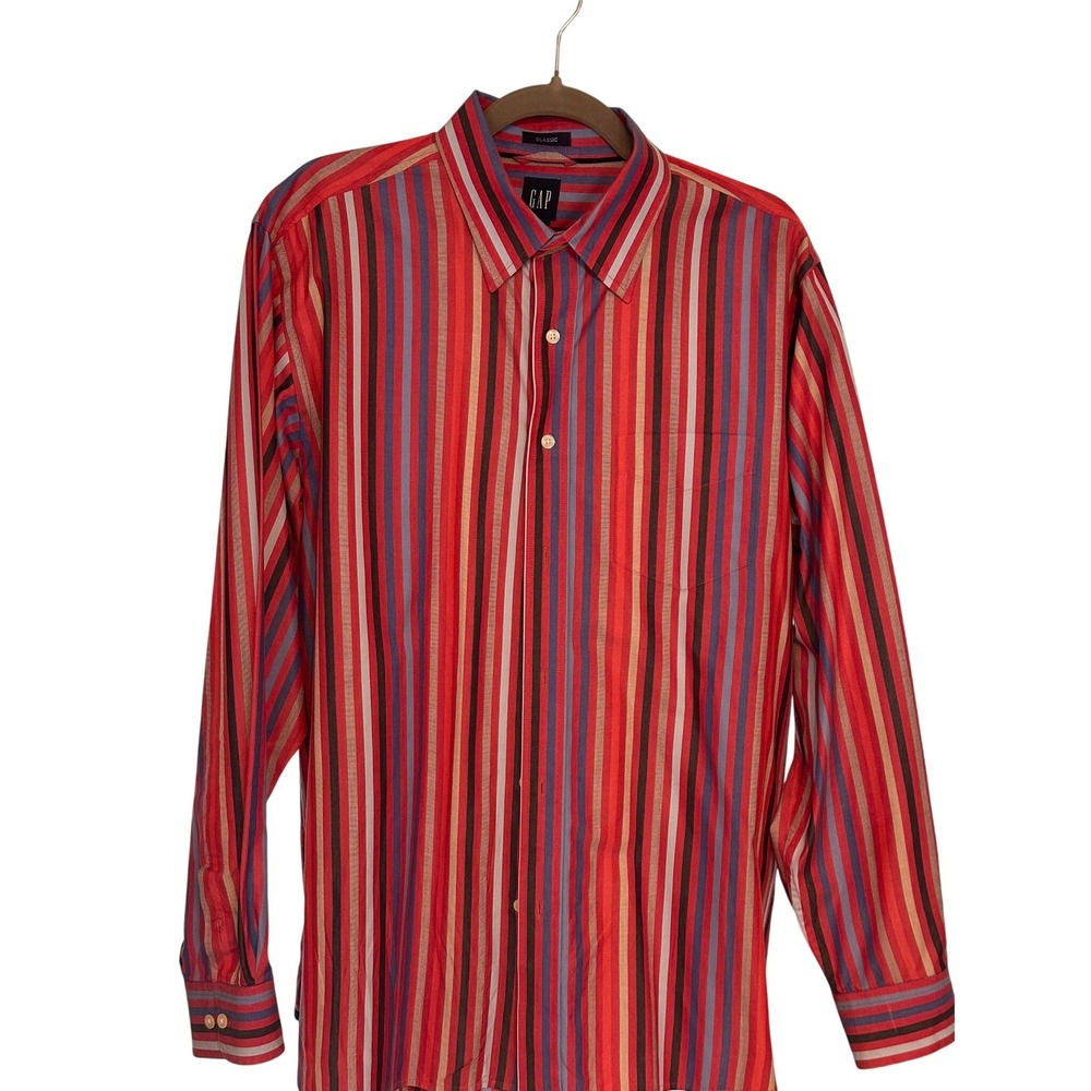 GAP Mens Classic Button Down Shirt Large Red Blue Striped Long Sleeve Cotton